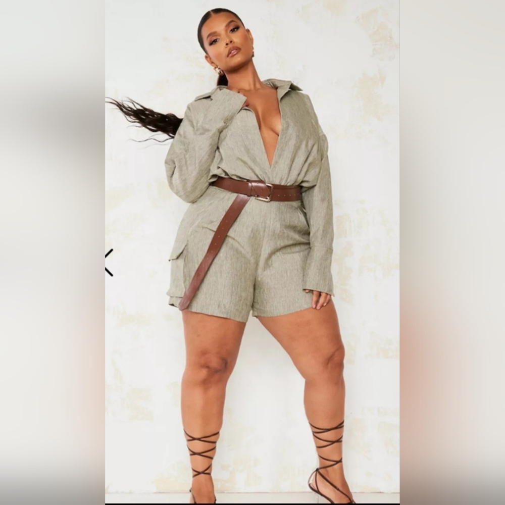 pretty little thing khaki sexy plunge neck utility romper Size UK 16 NWT